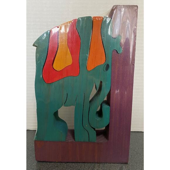 VTG New Wood Elephant Puzzle Hand Made Bookends Nursery Child Room Signed Rare - Picture 5 of 8